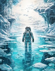 Wall Mural - An astronaut stands in a serene, icy environment, surrounded by towering frozen formations and reflective water. The glowing sky above adds a mystical touch, creating a peaceful yet adventurous