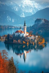 Wall Mural - Aerial view of Bled Island with the church, one of Slovenia's most recognizable symbols in the Julian Alps