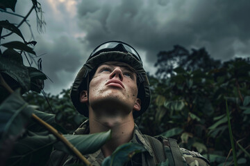 Leinwandbilder - European man wearing military uniform with camouflage generative Ai