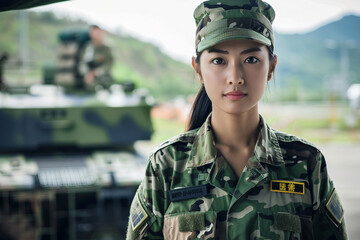 Leinwandbilder - Generated with AI photo of brave beautiful woman soldier in army