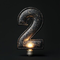 3D number 2 with lamp texture realistic modern design, soft lighting, black background.