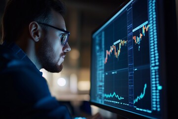 Poster - a focused analyst reviewing market trends and data analysis on a computer screen in a dimly lit offi