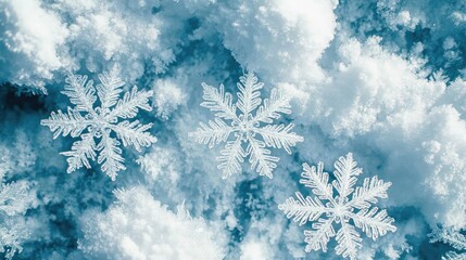 Poster - A serene winter scene featuring delicate snowflakes drifting among soft clouds, evoking a peaceful, snowy atmosphere.