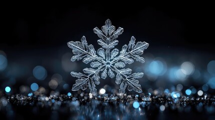 Poster - A stunning close-up of a snowflake against a shimmering black background, capturing the intricate details of winter's beauty.
