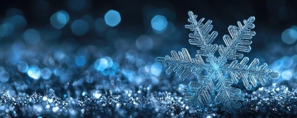 Poster - A close-up of a delicate snowflake surrounded by sparkling blue bokeh, capturing the essence of winter's beauty and tranquility.