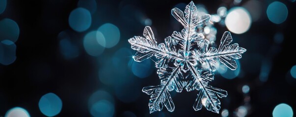 Poster - A stunning close-up of a snowflake, showcasing intricate details and shimmering beauty against a blurred blue background.