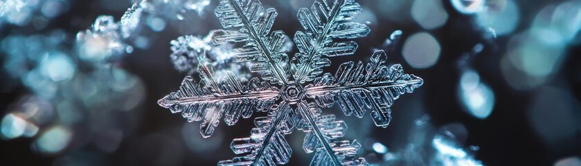 Poster - Close-up of a delicate snowflake, showcasing intricate patterns and sparkling details against a blurred winter background.