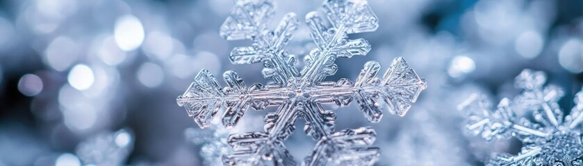 Poster - Close-up of a delicate snowflake on a snowy background, showcasing intricate details and a beautiful winter atmosphere.