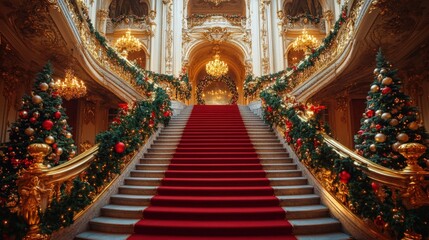 Wall Mural - Opulent Grand Christmas Staircase with Elegant Holiday Decorations