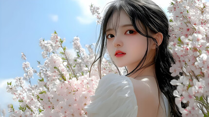 Beautiful Girl with Cherry Blossoms