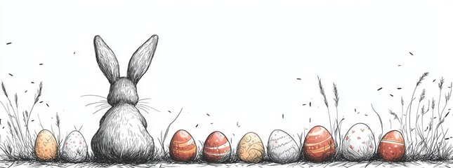 Black linear sketch isolated on white background showing eggs and a cute cartoon bunny figure. Illustration for Easter.