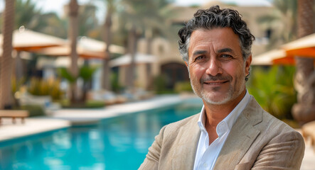 A man is smiling in front of a pool. He is wearing a suit and a white shirt