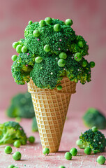 Wall Mural - A green ice cream cone filled with broccoli and green candies. The image conveys a playful and creative idea of combining two seemingly unrelated things, such as ice cream and broccoli