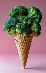 Wall Mural - A cone filled with broccoli. The cone is made of ice cream and the broccoli is fresh and green