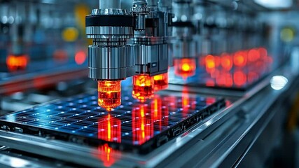 Poster - advanced robotics assembling solar panels in a high-tech factory at dusk