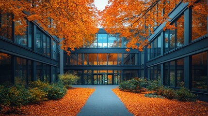 Canvas Print - Autumn Leaves in a Modern Courtyard