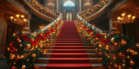 Wall Mural - Opulent Grand Christmas Staircase with Elegant Holiday Decorations