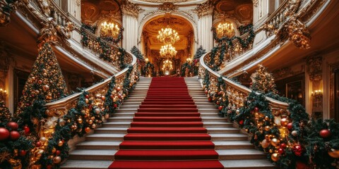 Wall Mural - Opulent Grand Christmas Staircase with Elegant Holiday Decorations