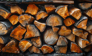 A pile of wood logs with a lot of cracks and splinters. The wood is brown and has a rustic feel to it