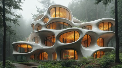 Canvas Print - Organic Architecture House in a Misty Forest