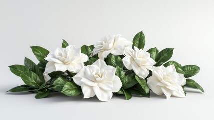 Wall Mural - Elegant 3D Gardenia Flower Cluster on White Background at 45-Degree Angle