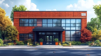 Canvas Print - Modern Brick Building With Large Windows