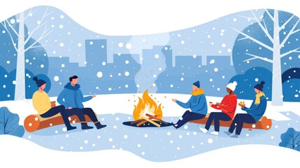 friends gather around a fire. perfect for illustrating winter fun, friendship, and community.