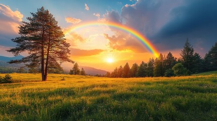 Wall Mural - Rainbow over Sunset Field