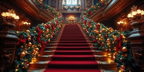 Wall Mural - Opulent Grand Christmas Staircase with Elegant Holiday Decorations