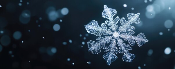 Poster - A beautiful snowflake gently falling against a dark background, capturing the essence of winter and the magic of snow.