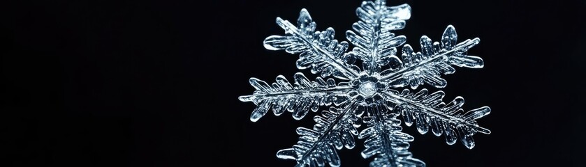 Poster - A detailed close-up of a snowflake shimmering against a black background, showcasing its unique crystalline structure and beauty.