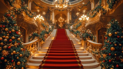 Wall Mural - Opulent Grand Christmas Staircase with Elegant Holiday Decorations