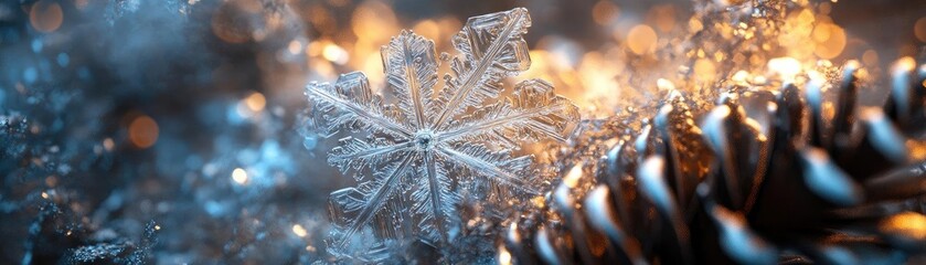 Aufkleber - A close-up of a delicate snowflake resting on a pinecone, illuminated by soft, shimmering light, creating a magical winter mood.