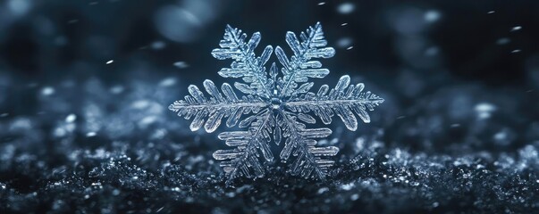 Poster - Close-up of a delicate snowflake with intricate patterns shining against a dark backdrop, showcasing winter's beauty and elegance.