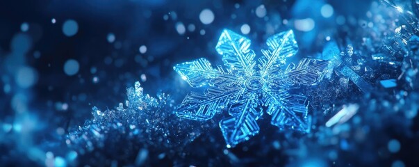 Aufkleber - A captivating close-up of a blue snowflake glistening, surrounded by sparkling frost and a dreamy winter ambiance.