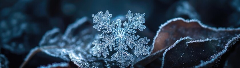 Poster - A stunning close-up of a snowflake glistening on a leaf, showcasing intricate patterns and stunning winter beauty.