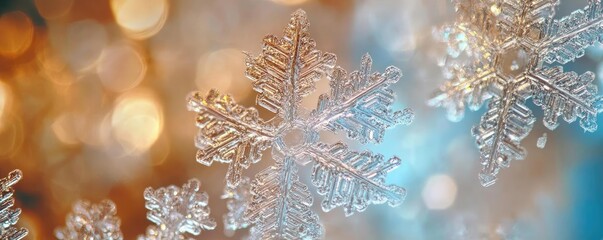 Poster - Close-up of delicate snowflakes sparkling against a blurred colorful background, capturing the magic of winter and seasonal beauty.