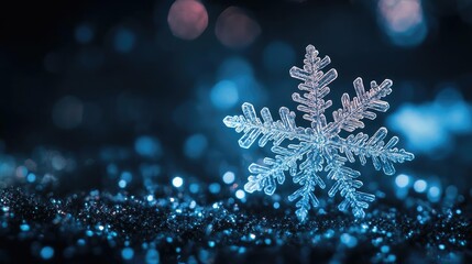 Poster - Close-up of a delicate snowflake shimmering on a glittering blue surface, capturing the beauty of winter and seasonal magic.