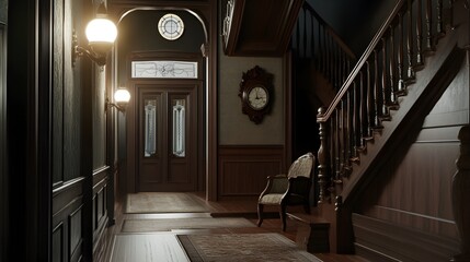 A hallway with a chair and a clock on the wall. Dark academia style, victorian style mansion interior design with wooden stairs.