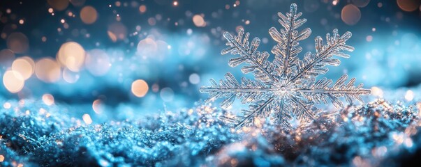 Poster - A sparkling snowflake rests on a bed of shimmering blue glitter, creating a captivating winter wonderland filled with magic.