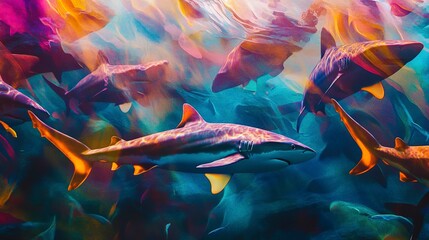 Poster - vibrant colors showcasing dynamic movements sharks underwater scene, ocean, marine, creature, swimming, sea, fin, tail, body, fluidity, pattern, light 