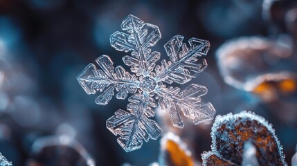 Poster - A stunning close-up of a unique snowflake resting on a frost-covered leaf, showcasing intricate crystalline patterns.