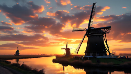 Sunset view of black wind turbines