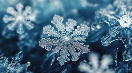 Poster - Close-up view of intricate snowflakes resting on frost. Captivating patterns showcase the beauty of winter and nature's artistry.