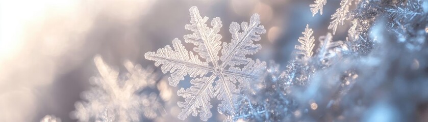 Poster - Close-up of a delicate snowflake, showcasing intricate patterns against a soft, blurred winter backdrop.