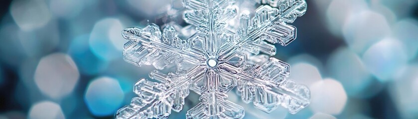 Poster - Detailed snowflake against a blurred blue background, capturing the essence of winter and the beauty of nature's frozen artistry.