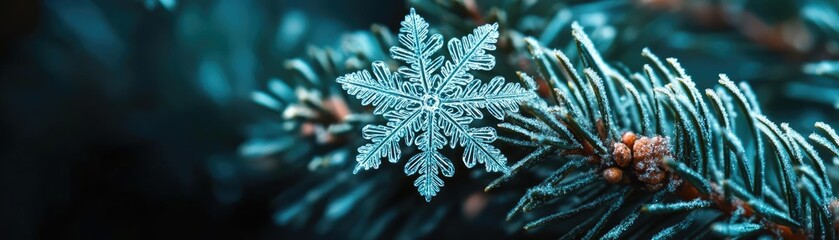 Poster - A close-up of a delicate snowflake resting on a pine branch, showcasing intricate details and frosty textures in winter ambiance.