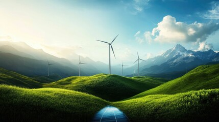 Poster - A montage of various renewable energy sources, including solar panels, wind turbines, geothermal power plants, and hydropower dams. The image emphasizes the diversity and potential of renewable