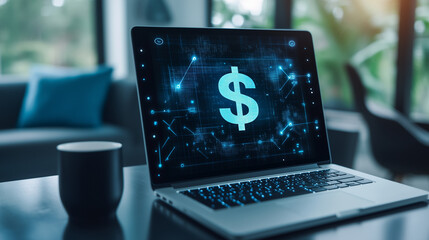 Poster - digital business financial transaction, cash flow in business, secure finance network, business finance concept photo with dollar sign display on laptop screen 