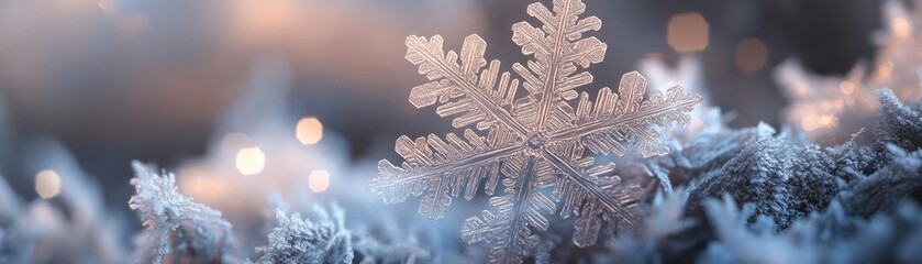 Poster - Beautiful snowflake resting on frosty surface, capturing the essence of winter's delicate beauty and serene atmosphere.